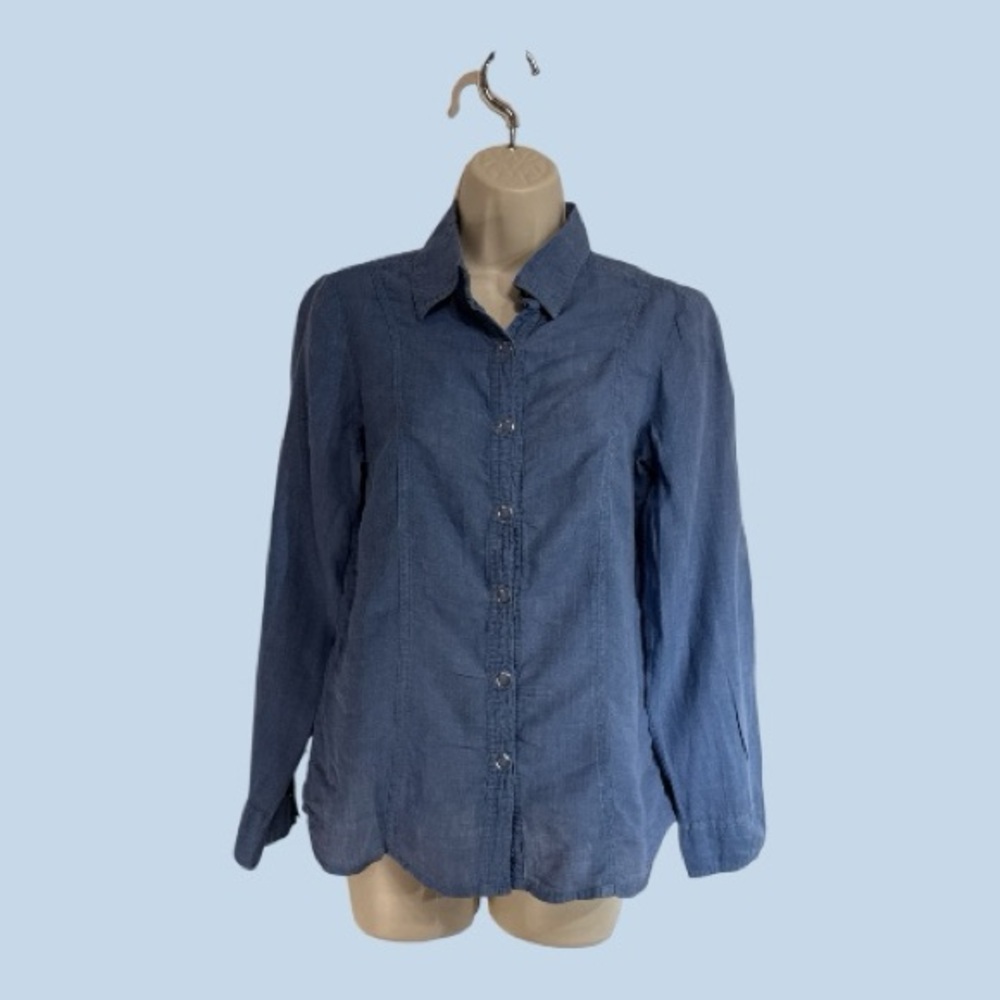 Company Ellen Tracy Linen Long Sleeve Button Blouse Blue Adjustable Sleeves SP